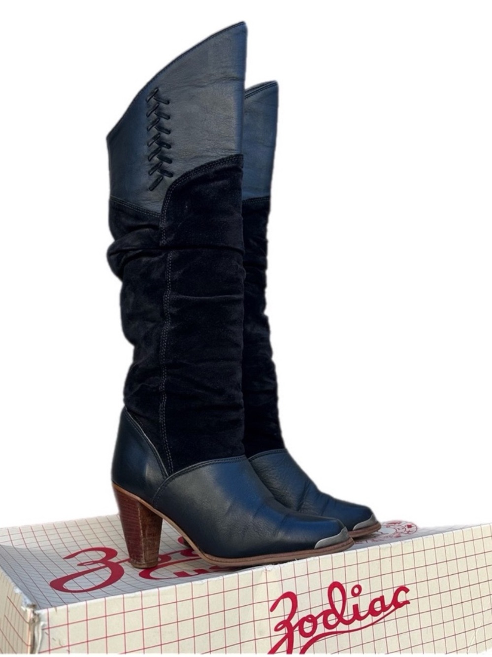 Vintage Zodiac USA Secret T Black Leather & Suede Western Tall Boots Size 7